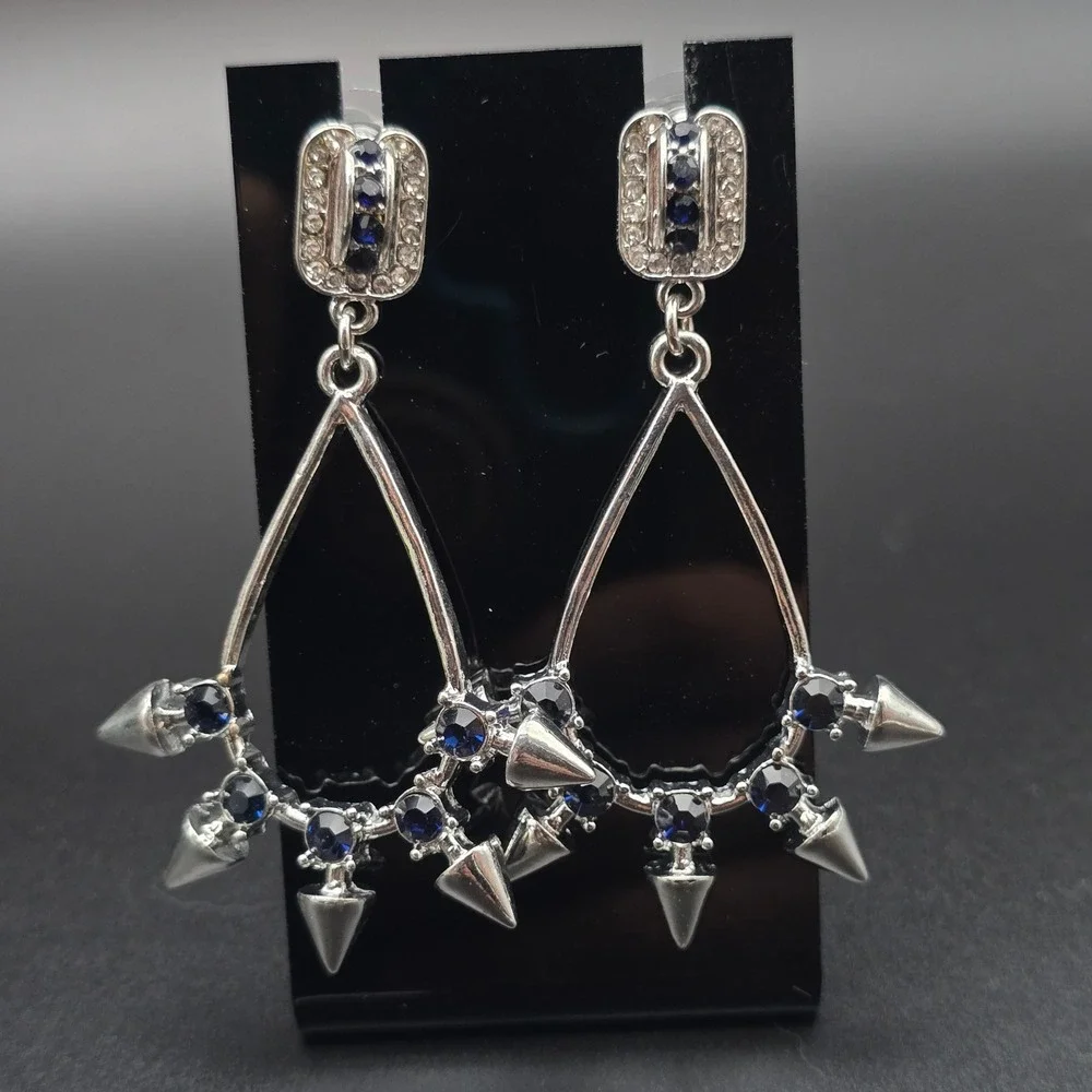 Blue Rhinestone Studded Spike Hoop Earrings Pierced Edgy Punk
